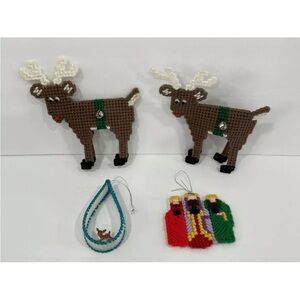 Vintage Lot of 4 Handmade Christmas Ornaments Needlepoint Reindeers 3 to 6 In